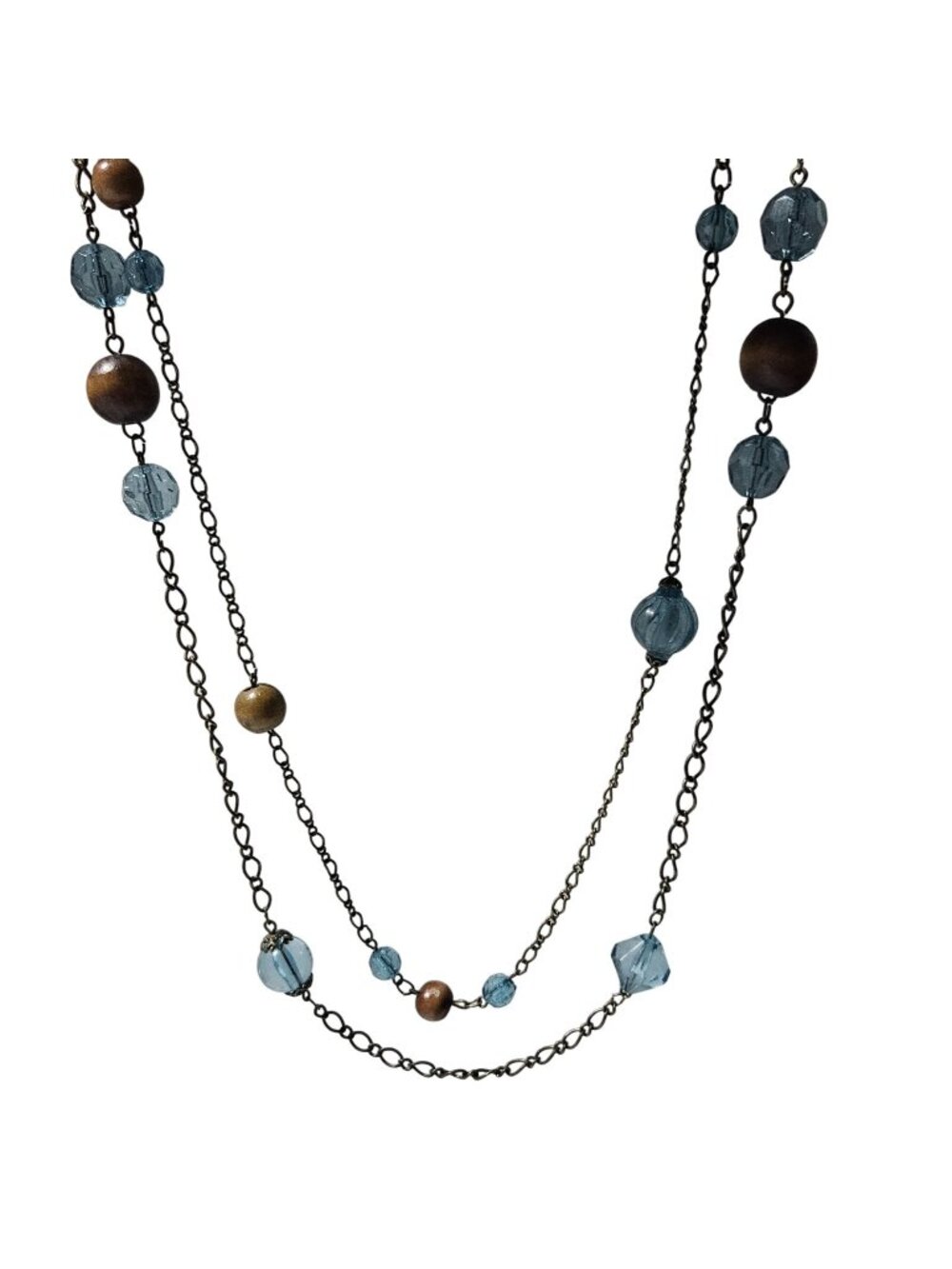Elegant Beaded Double Strand Necklace Blue Glass Wooden Beads Bronze Chain Women
